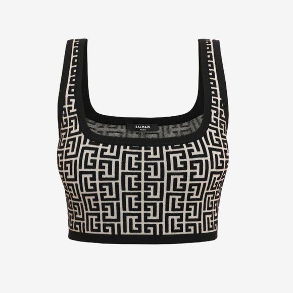Cropped Bicolor Jacquard Sports Bra Top With Balmain Monogram - 36 - Picture 2 of 8